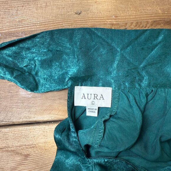 Aura | Size L | Silky Emerald Green Blouse with Bow and Balloon Sleeves - Picture 5 of 9